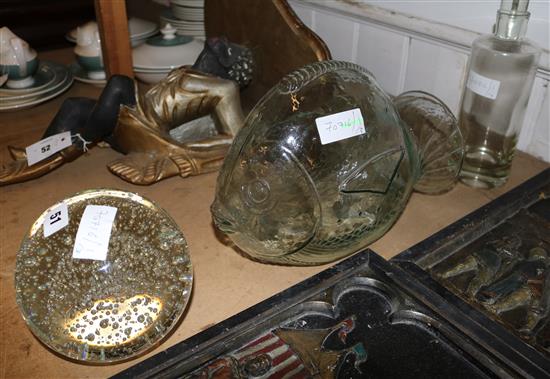 Large glass 1980s fish vase, large glass orb and a medicine jar